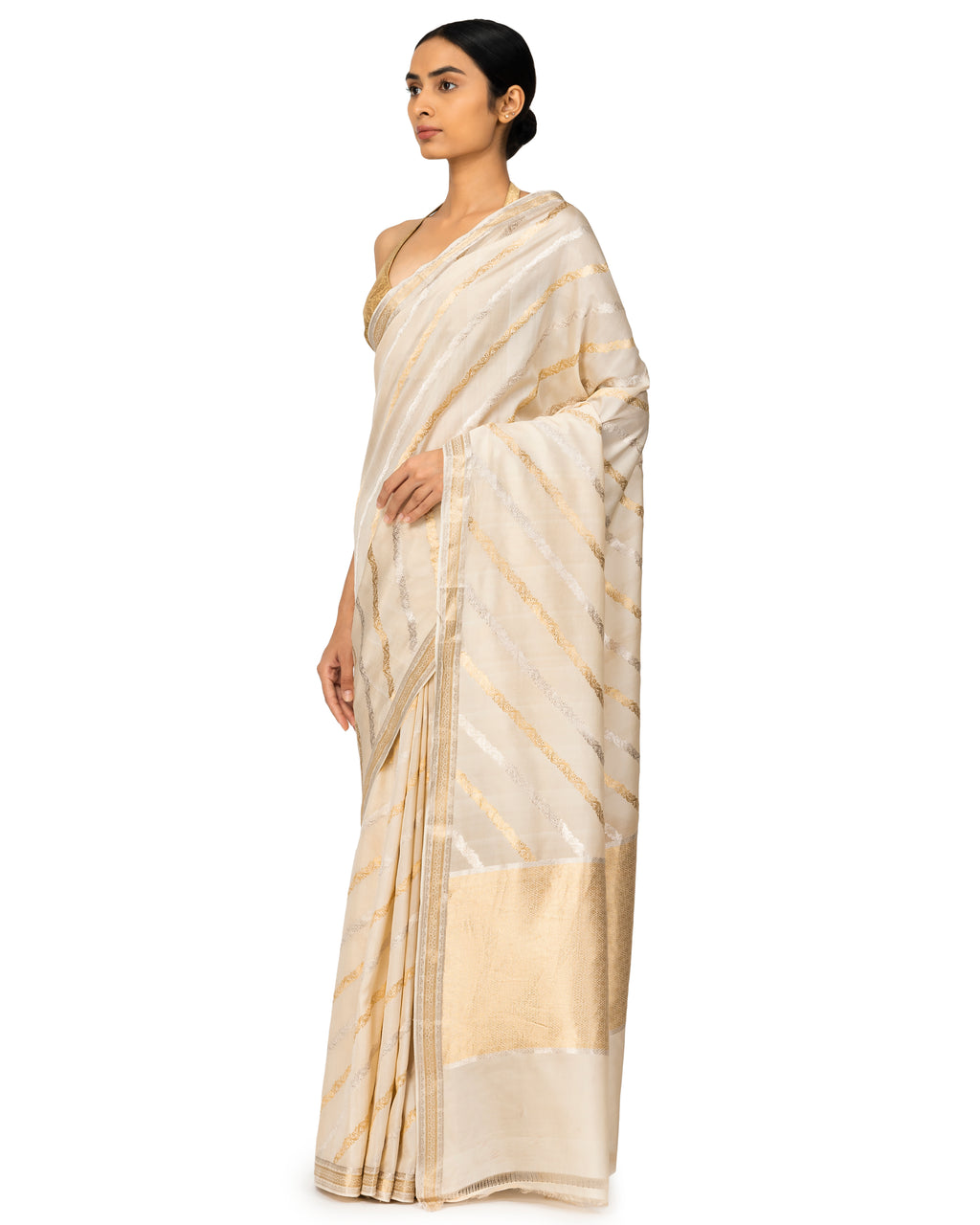 Banarasi Georgette Saree With Diagonal Stripes In Ivory