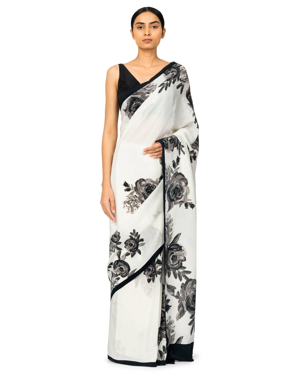 Banarasi Crepe Saree With Floral Prints In White