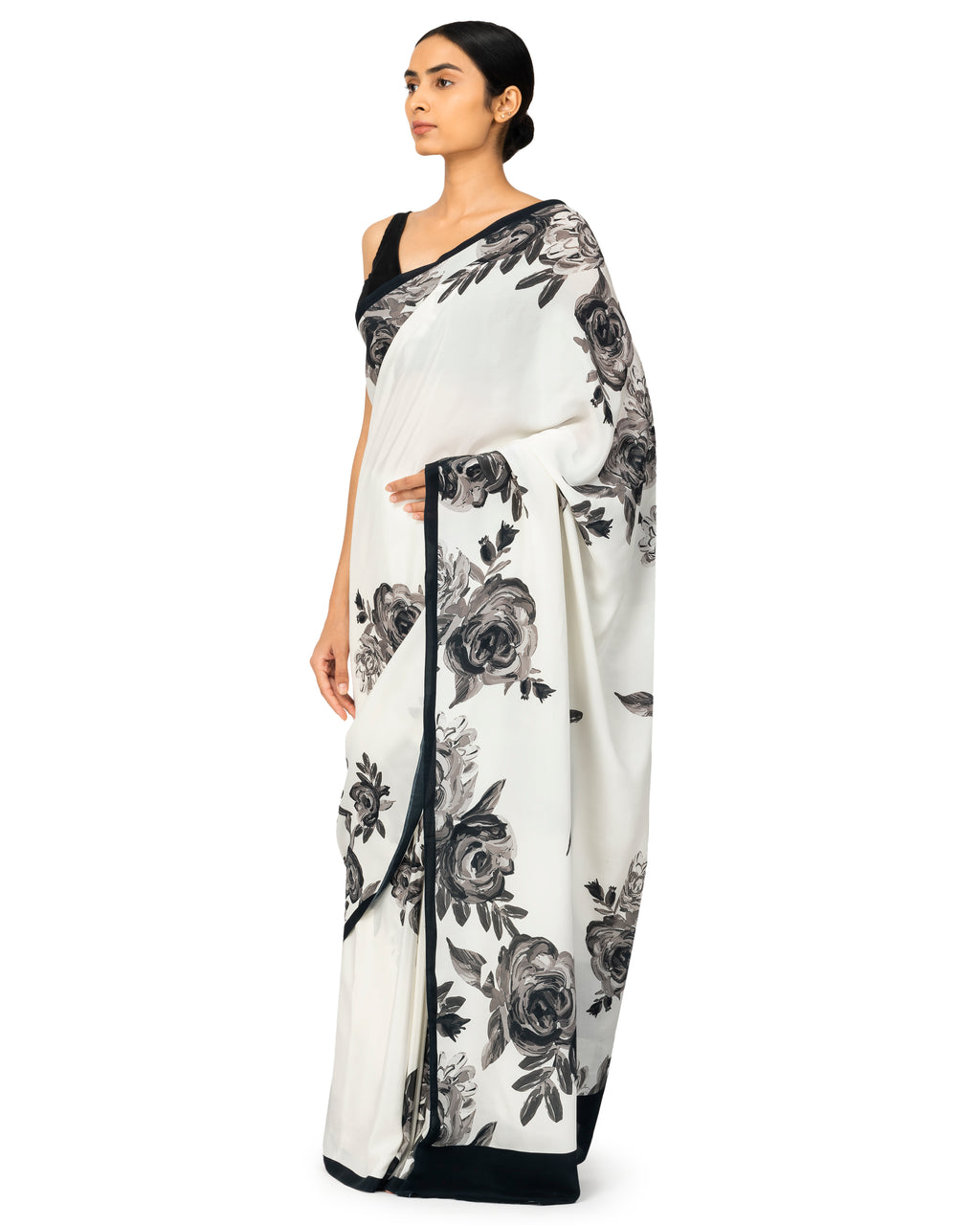 Banarasi Crepe Saree With Floral Prints In White