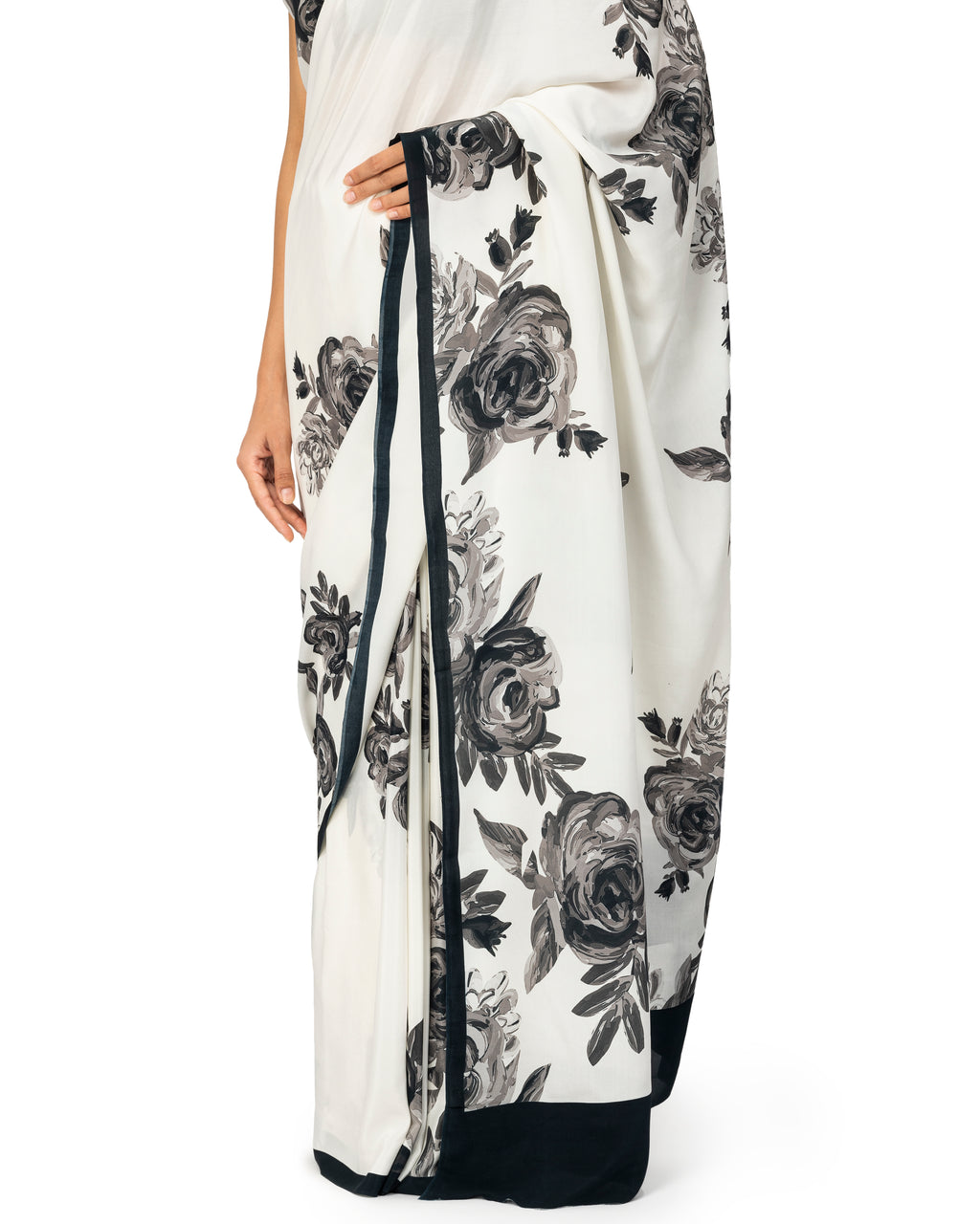 Banarasi Crepe Saree With Floral Prints In White
