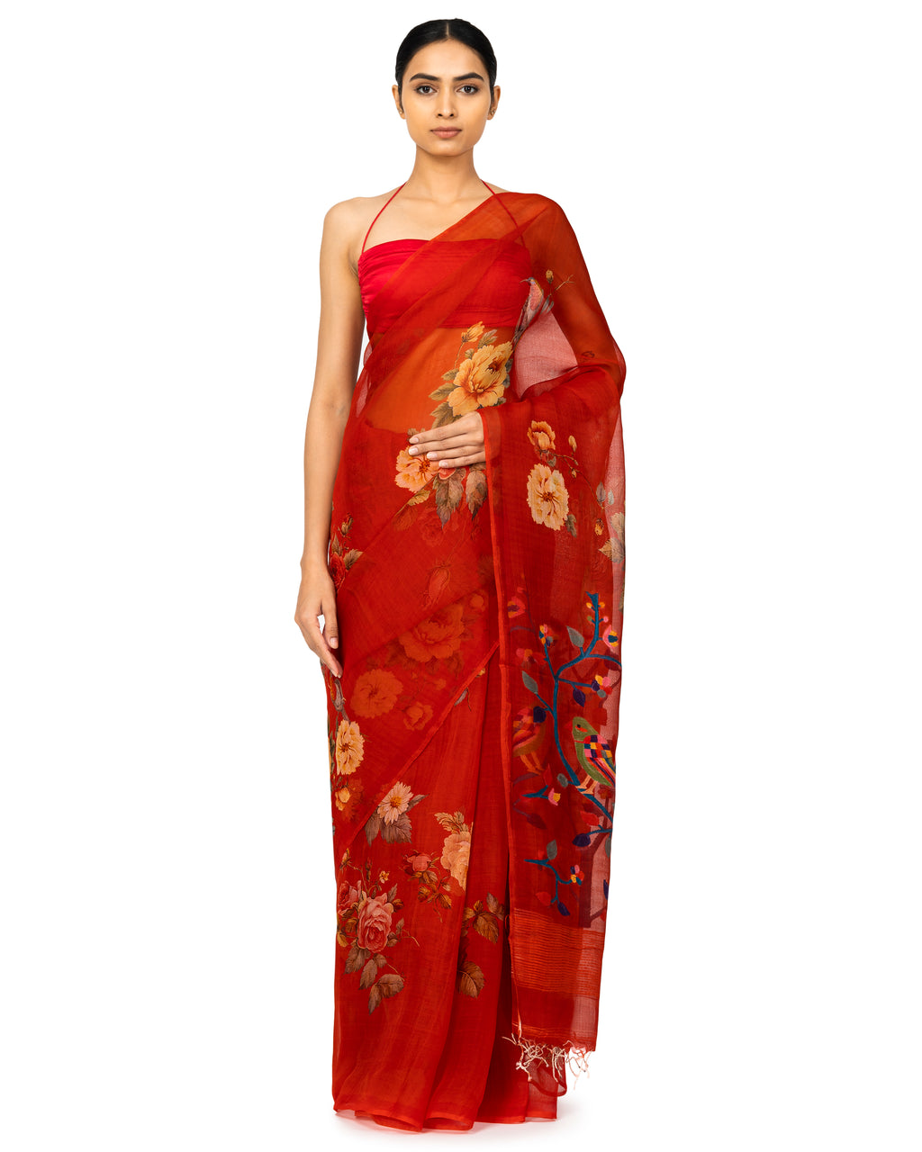 Banarasi Kora Saree With Floral Prints In Cherry