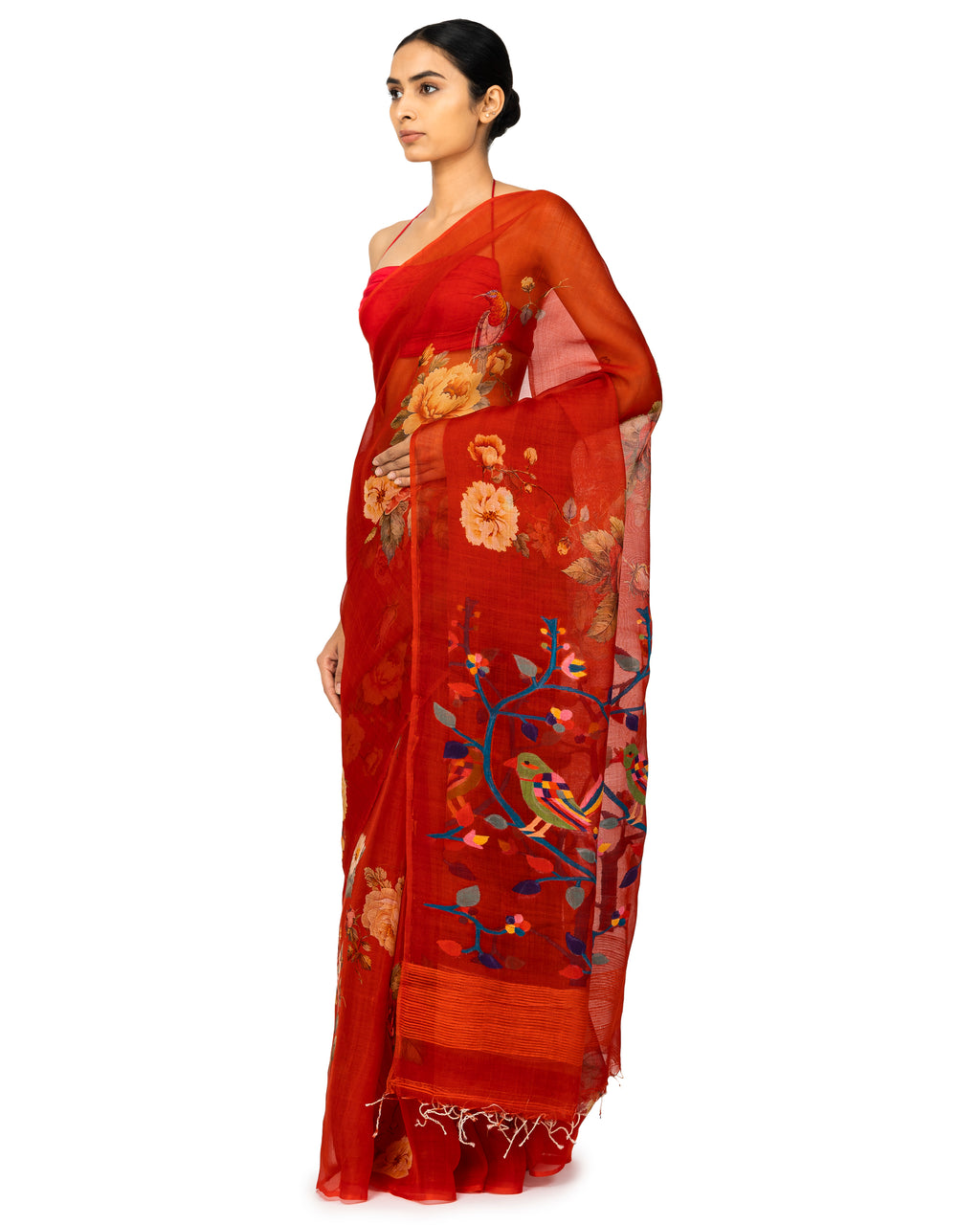 Banarasi Kora Saree With Floral Prints In Cherry