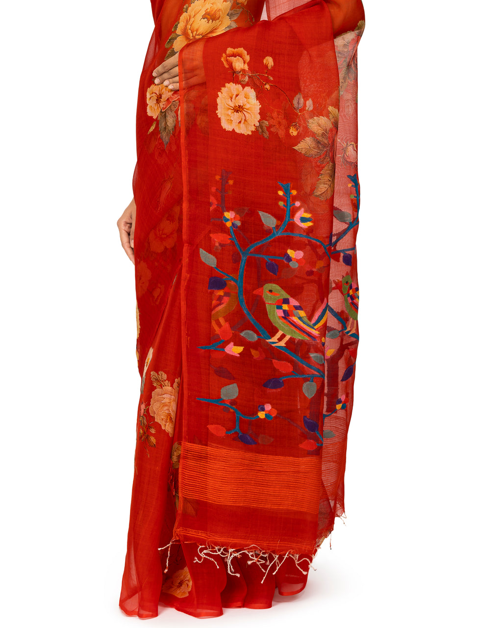 Banarasi Kora Saree With Floral Prints In Cherry