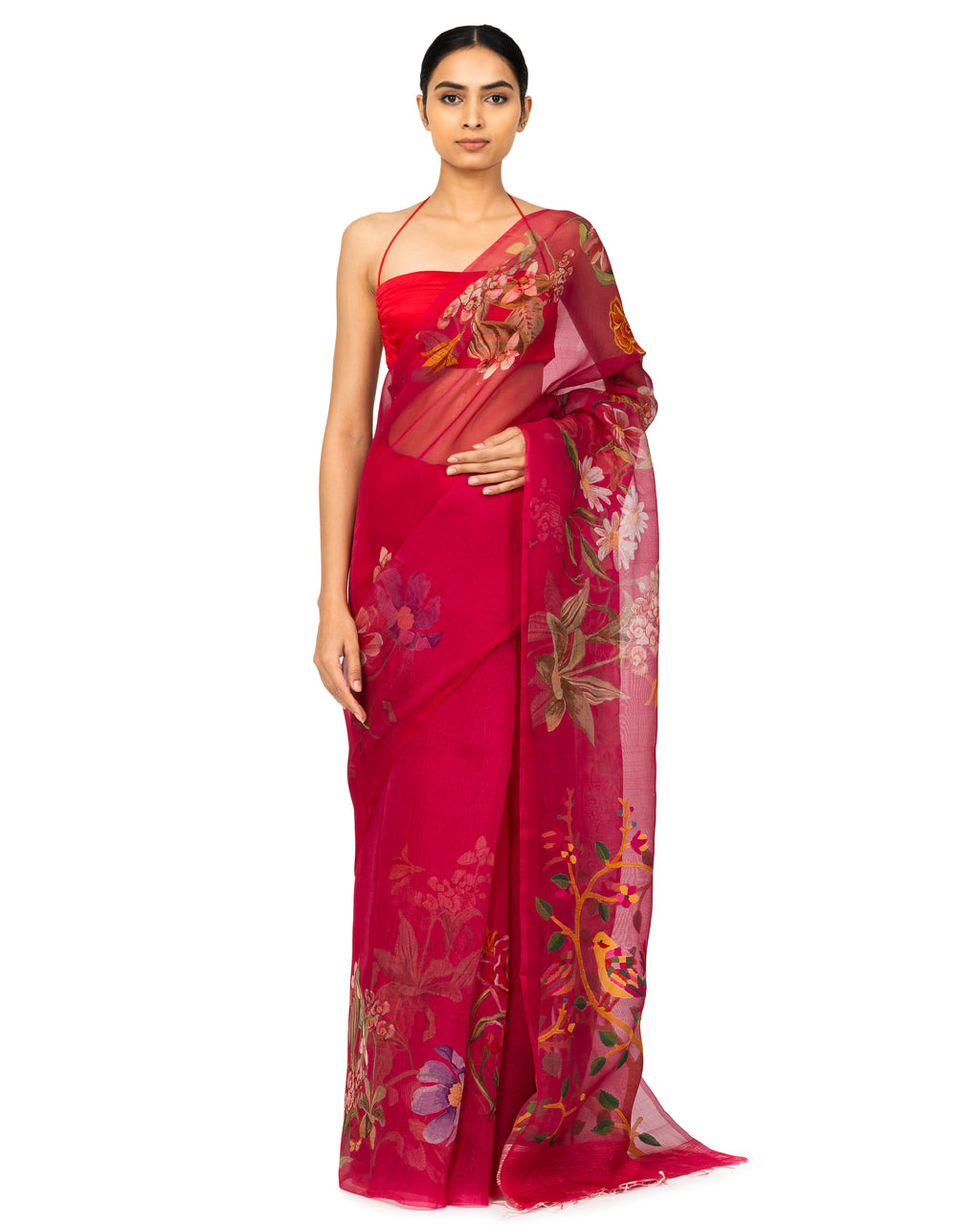Banarasi Kora Saree With Floral Prints In Fuchsia Pink