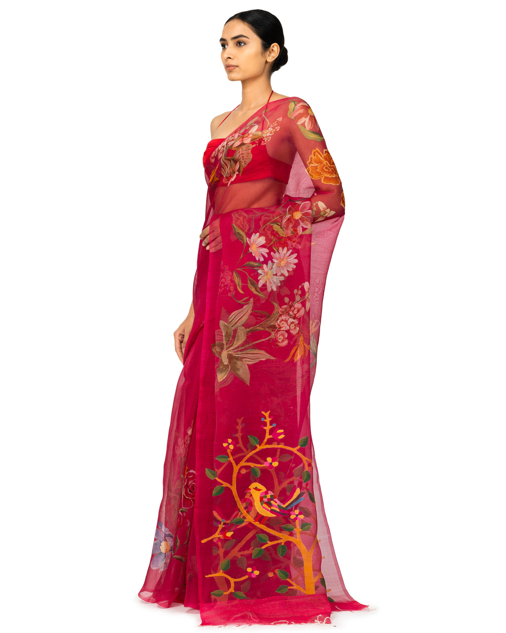 Banarasi Kora Saree With Floral Prints In Fuchsia Pink