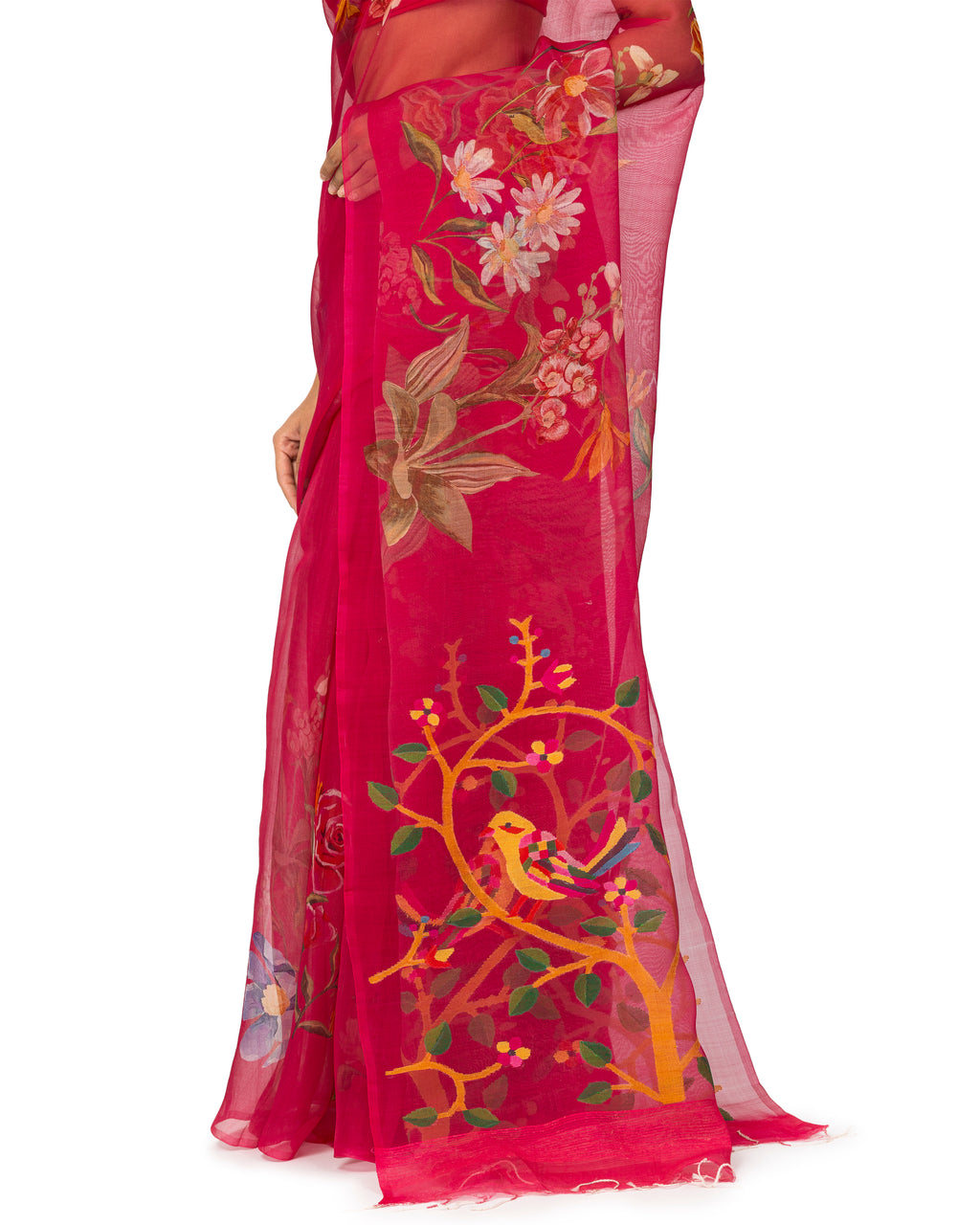 Banarasi Kora Saree With Floral Prints In Fuchsia Pink