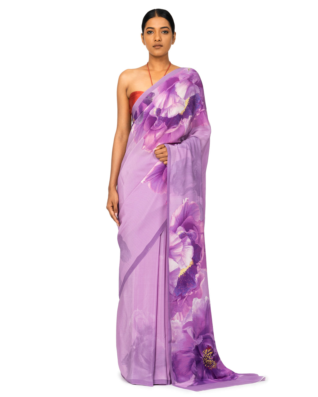 Lavender Floral Printed Crepe Georgette Saree