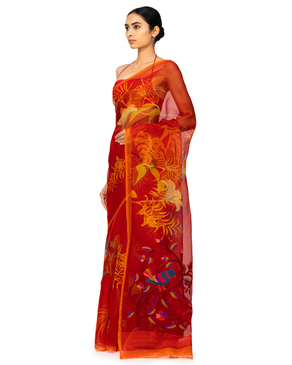 Banarasi Kora Saree With Bird Prints In Cherry