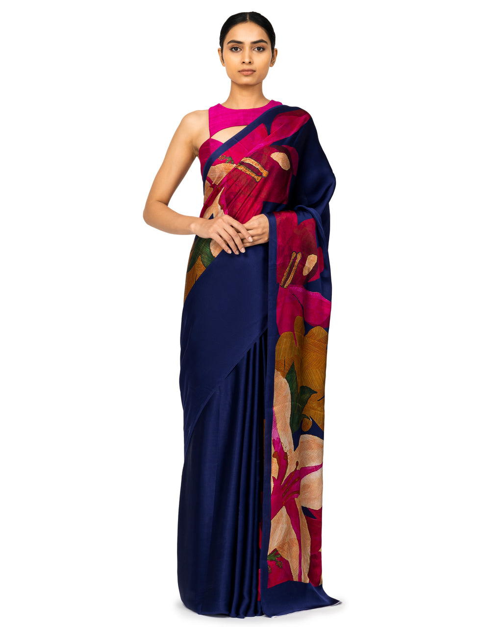 Banarasi Silk Saree With Floral Prints In Cobalt Blue