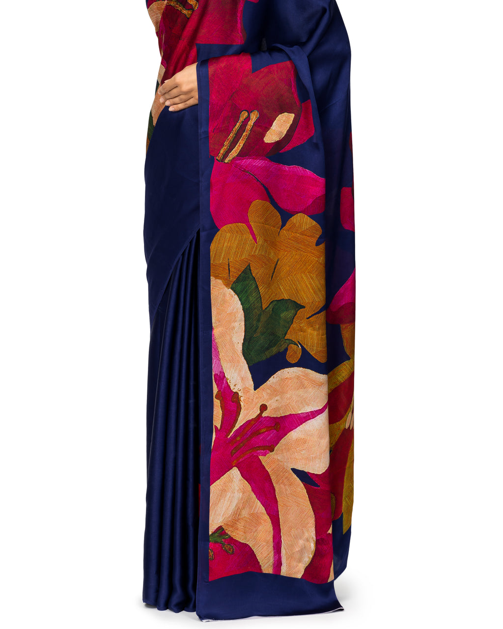 Banarasi Silk Saree With Floral Prints In Cobalt Blue