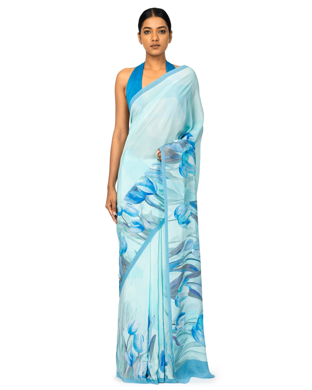 Powder Blue Floral Printed Crepe Georgette Saree