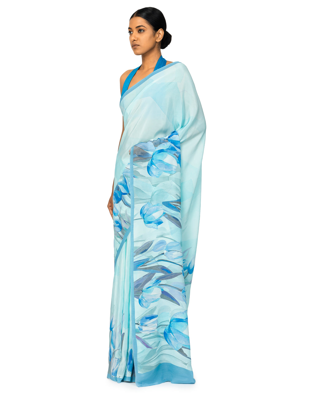 Powder Blue Floral Printed Crepe Georgette Saree
