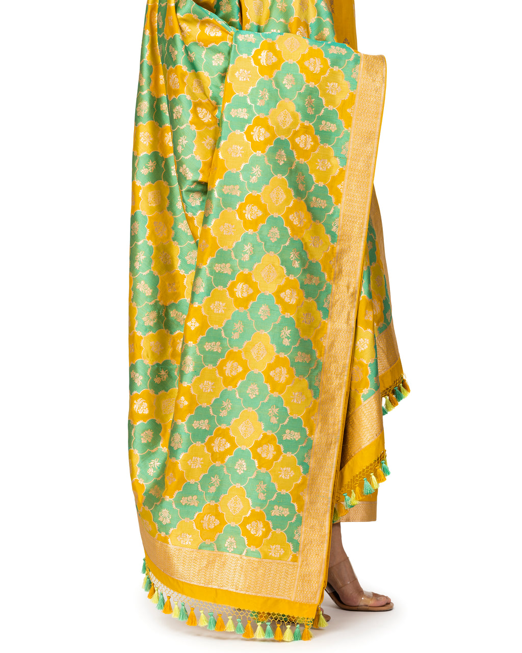 Banarasi Katan Silk Suit Set With Rangkat Dupatta In Ochre