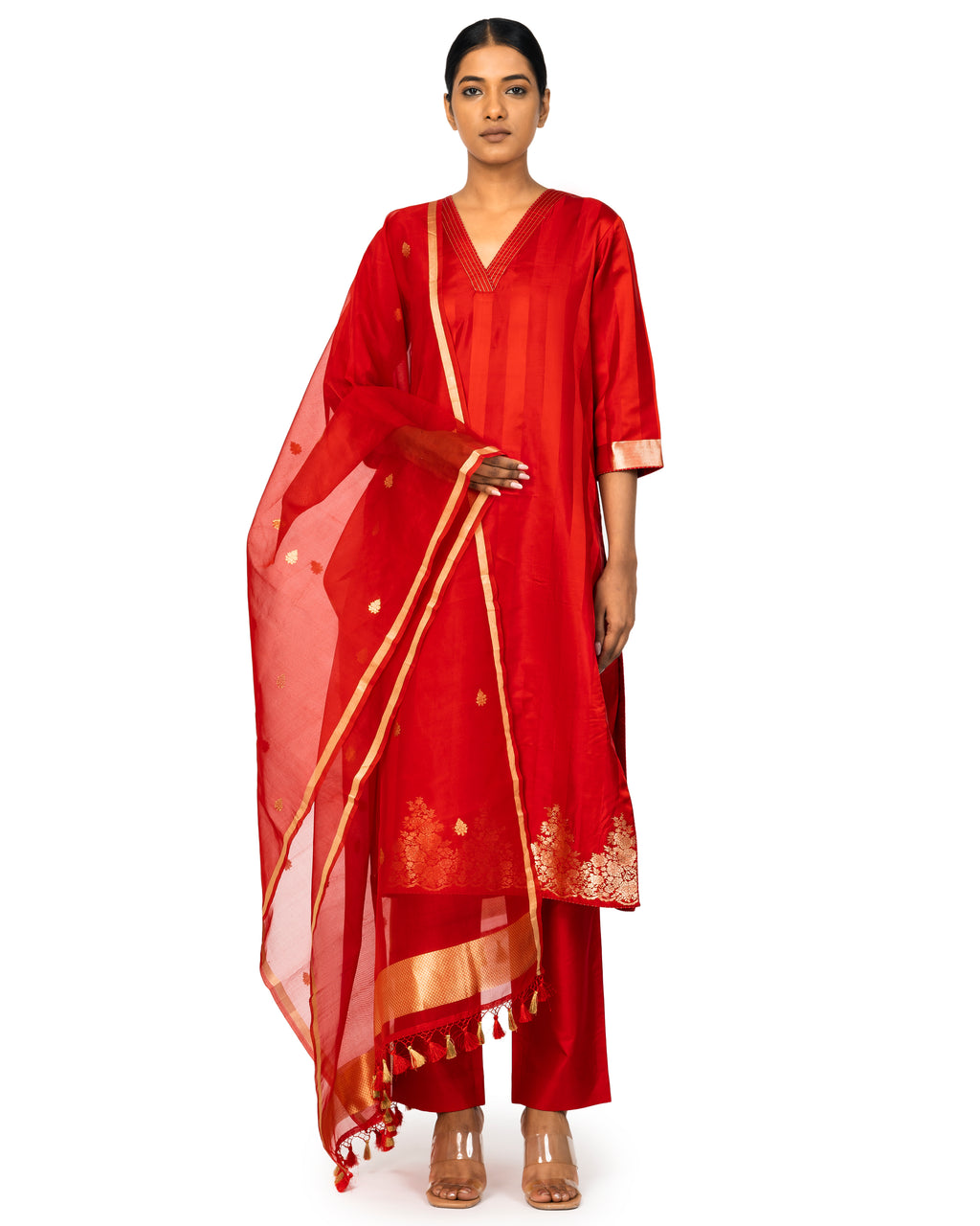 Banarasi Katan Silk Suit Set With Organza Dupatta In Cherry Red