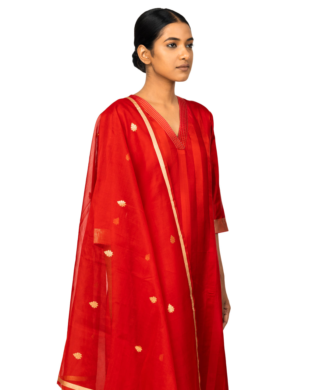 Banarasi Katan Silk Suit Set With Organza Dupatta In Cherry Red