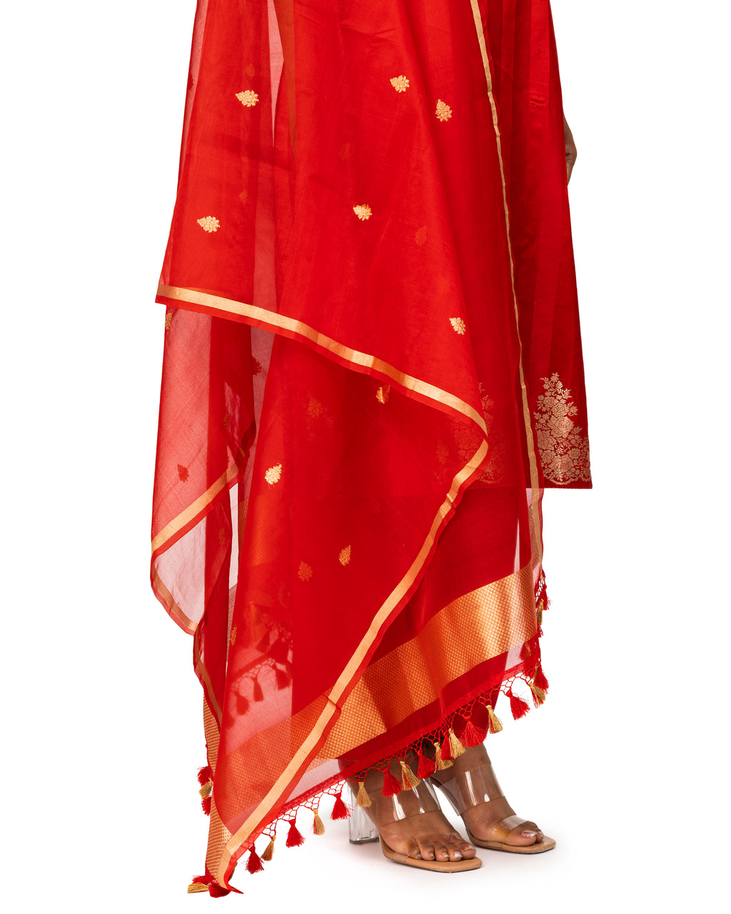 Banarasi Katan Silk Suit Set With Organza Dupatta In Cherry Red