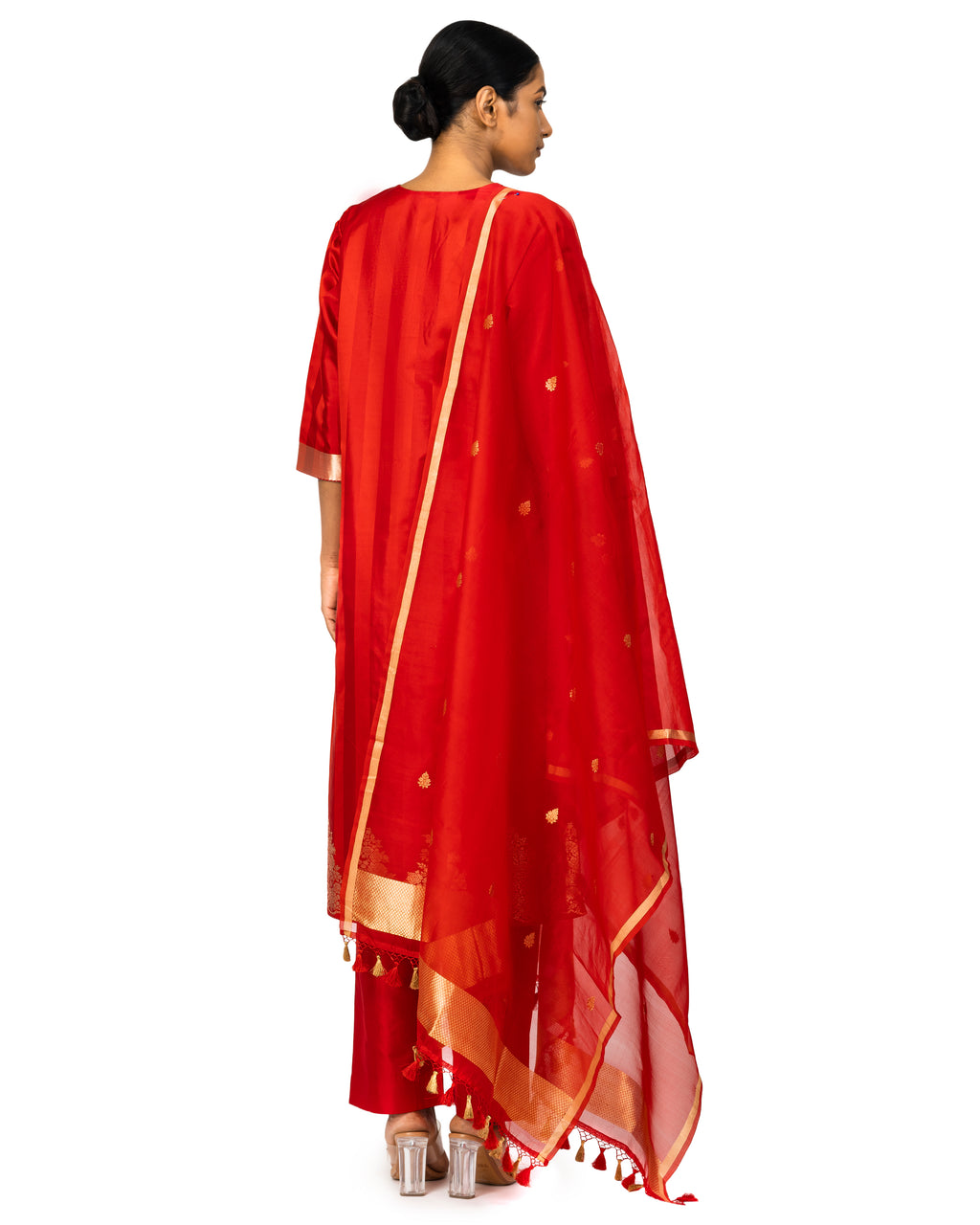 Banarasi Katan Silk Suit Set With Organza Dupatta In Cherry Red
