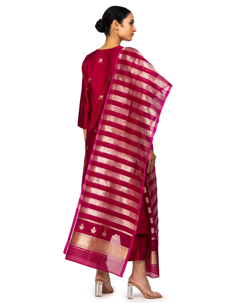 Banarasi Katan Silk Suit Set With Organza Dupatta In Magenta
