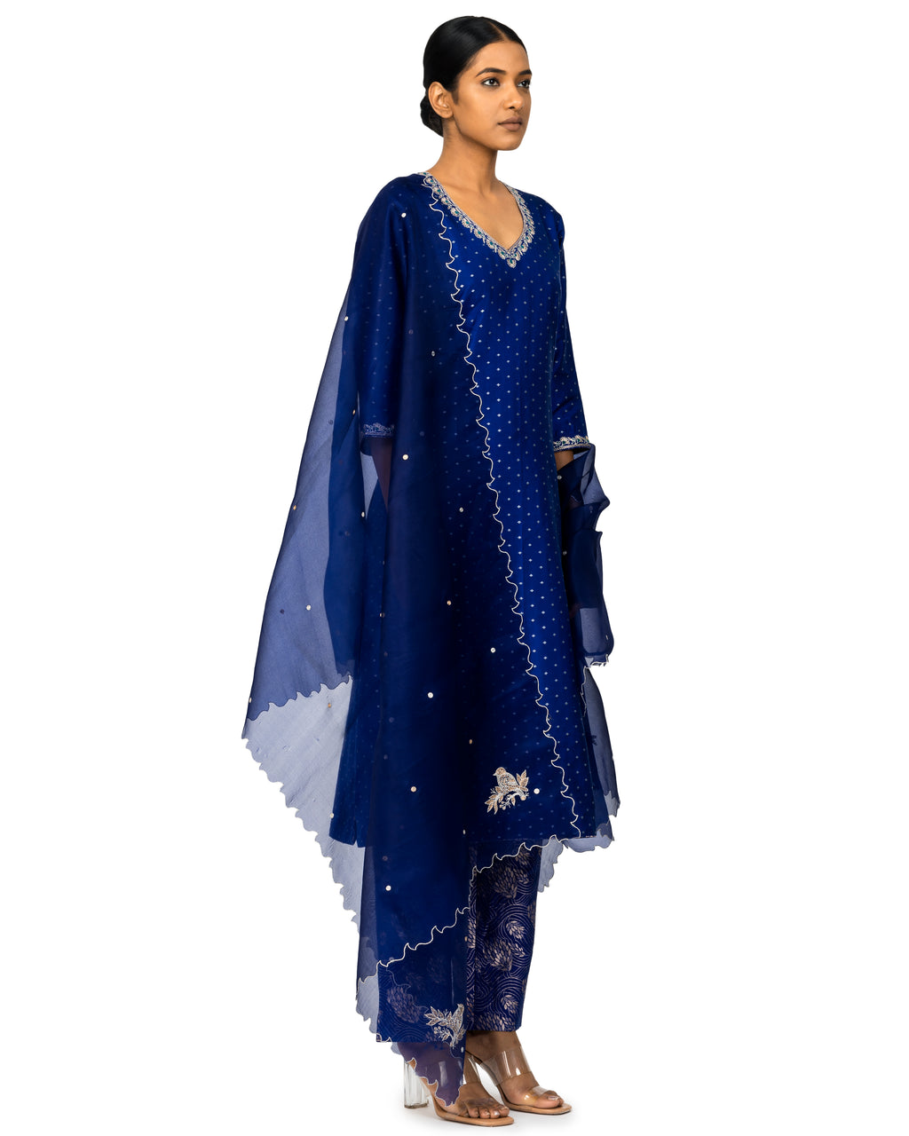 Banarasi Katan Silk Suit Set With Organza Dupatta In Cobalt Blue
