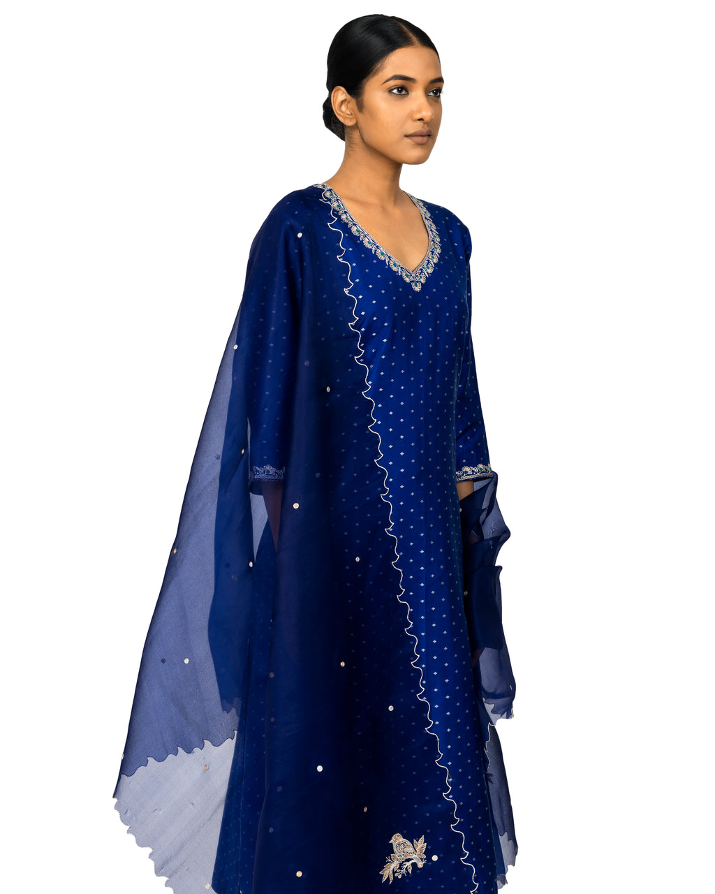 Banarasi Katan Silk Suit Set With Organza Dupatta In Cobalt Blue