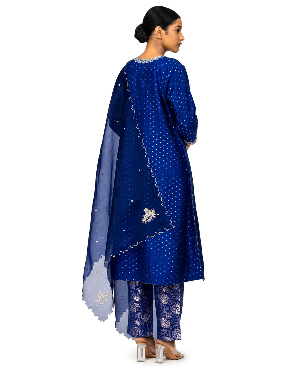 Banarasi Katan Silk Suit Set With Organza Dupatta In Cobalt Blue