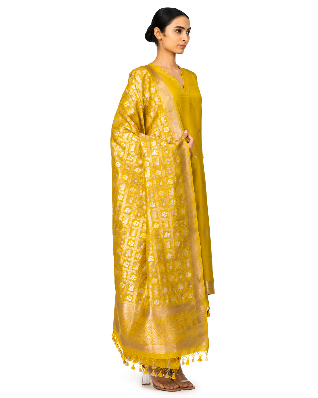 Banarasi Katan Silk Suit Set With Dupatta In Neon