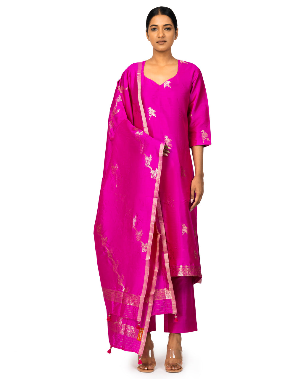 Banarasi Katan Silk Suit Set With Dupatta In Rani Rose