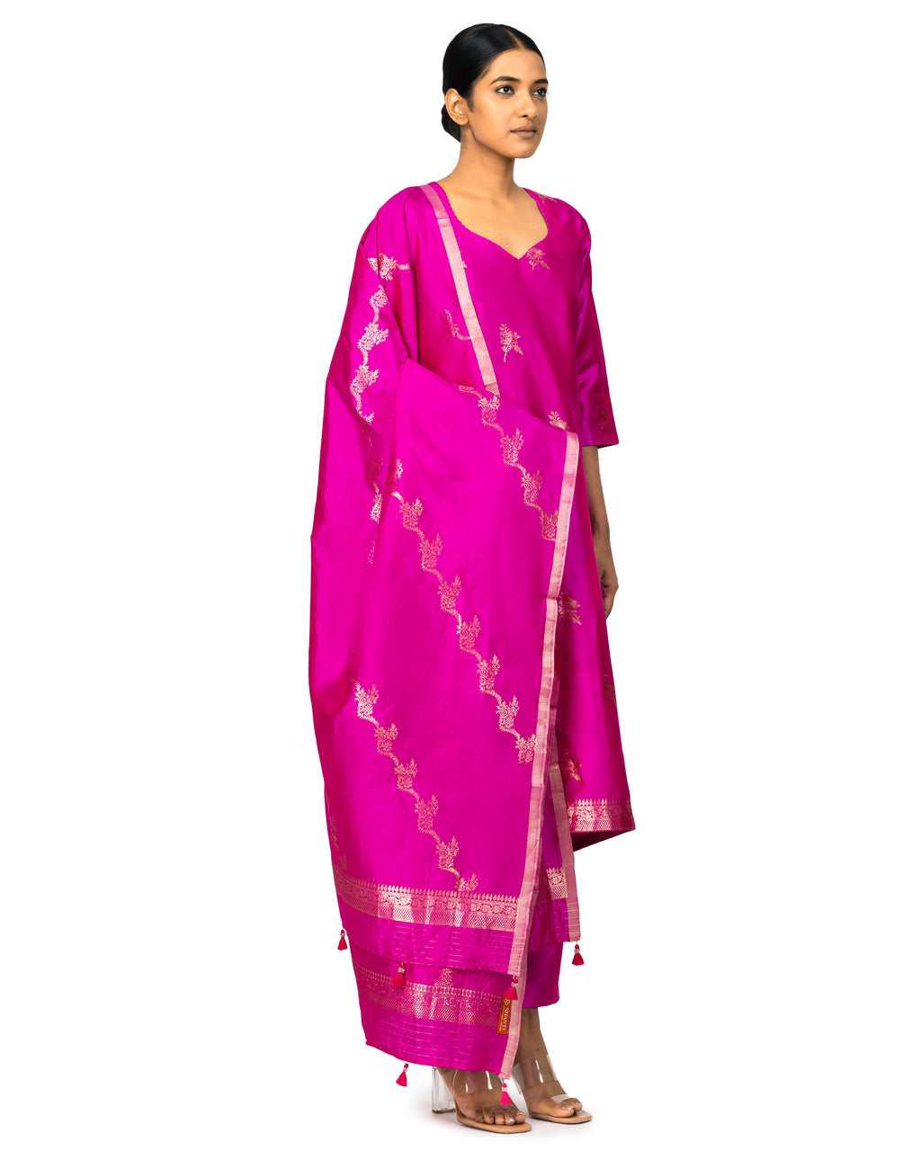 Banarasi Katan Silk Suit Set With Dupatta In Rani Rose