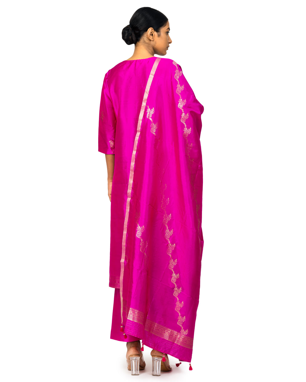 Banarasi Katan Silk Suit Set With Dupatta In Rani Rose
