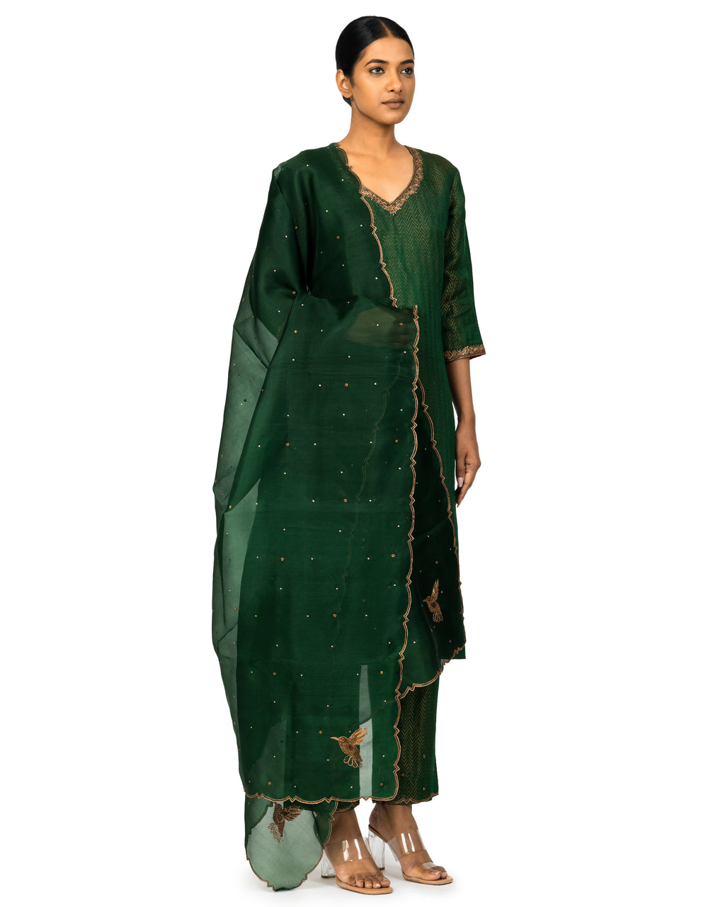Banarasi Katan Silk Suit Set With Organza Dupatta In Bottle Green