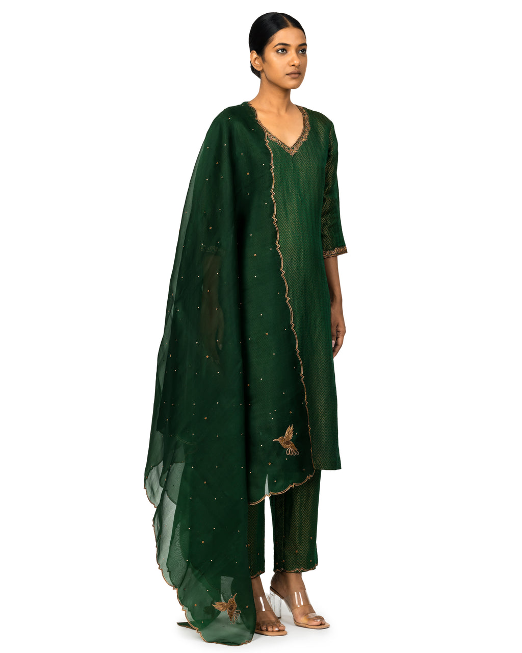 Banarasi Katan Silk Suit Set With Organza Dupatta In Bottle Green