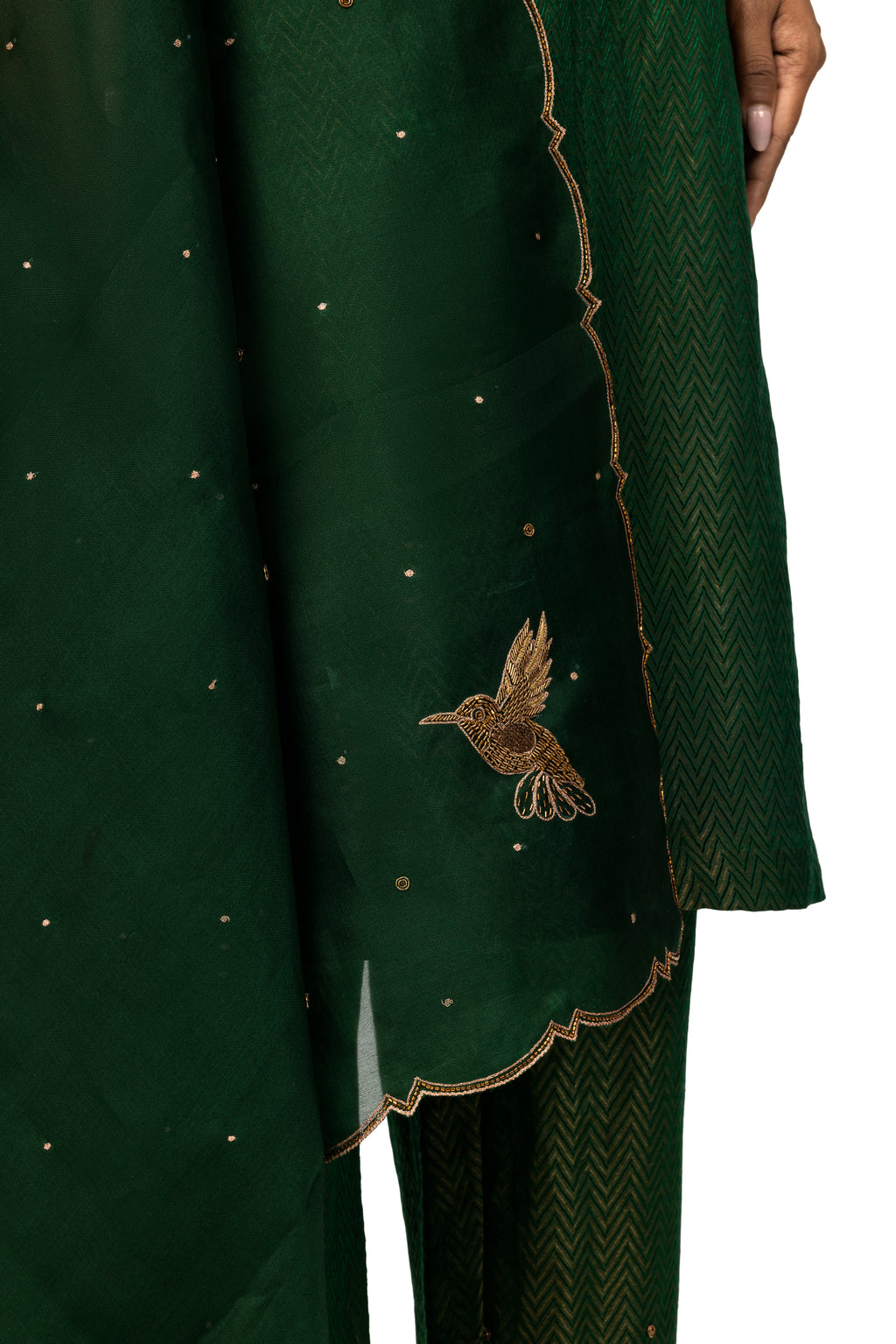 Banarasi Katan Silk Suit Set With Organza Dupatta In Bottle Green