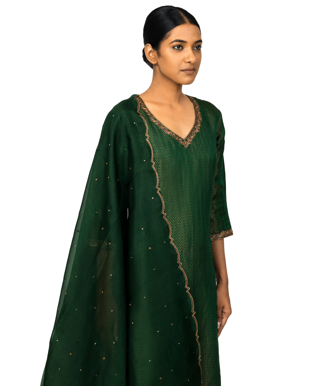 Banarasi Katan Silk Suit Set With Organza Dupatta In Bottle Green