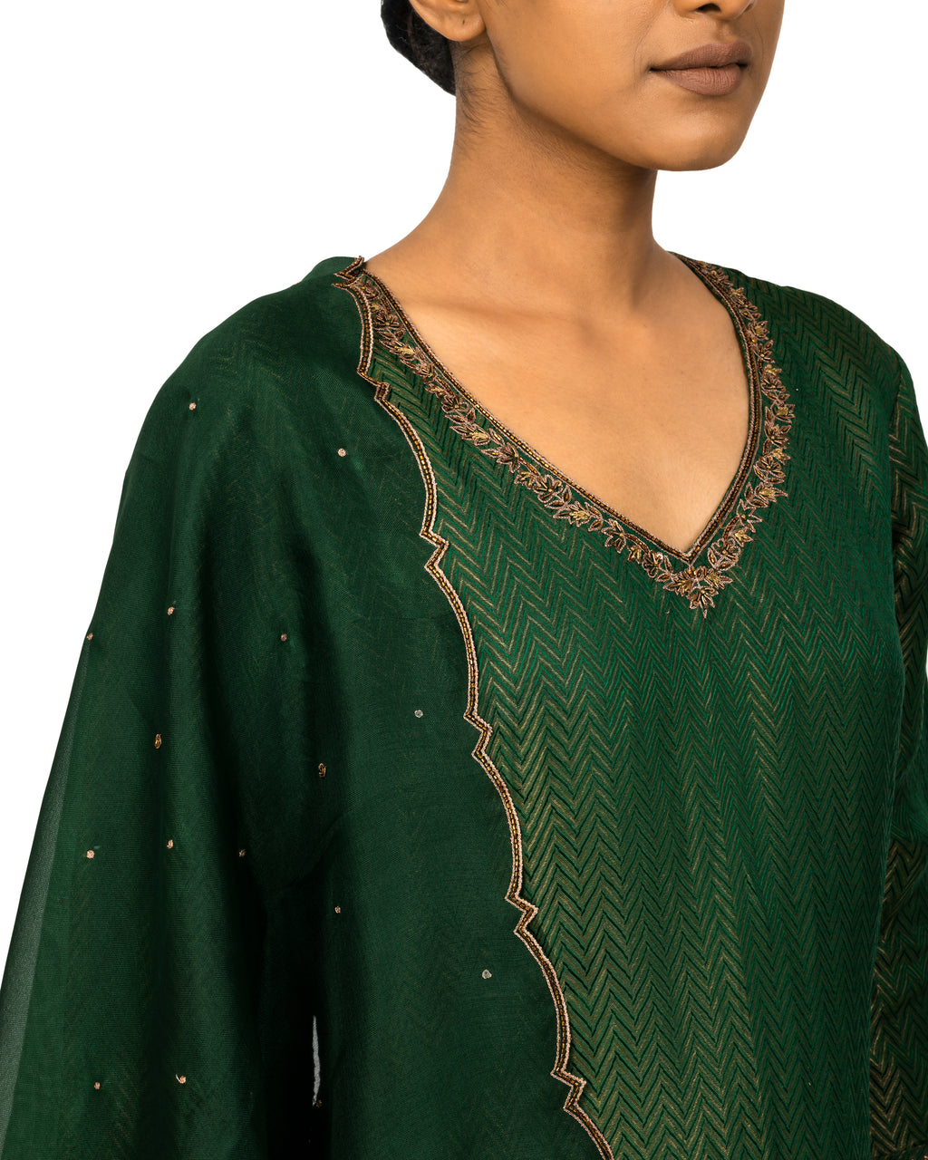 Banarasi Katan Silk Suit Set With Organza Dupatta In Bottle Green
