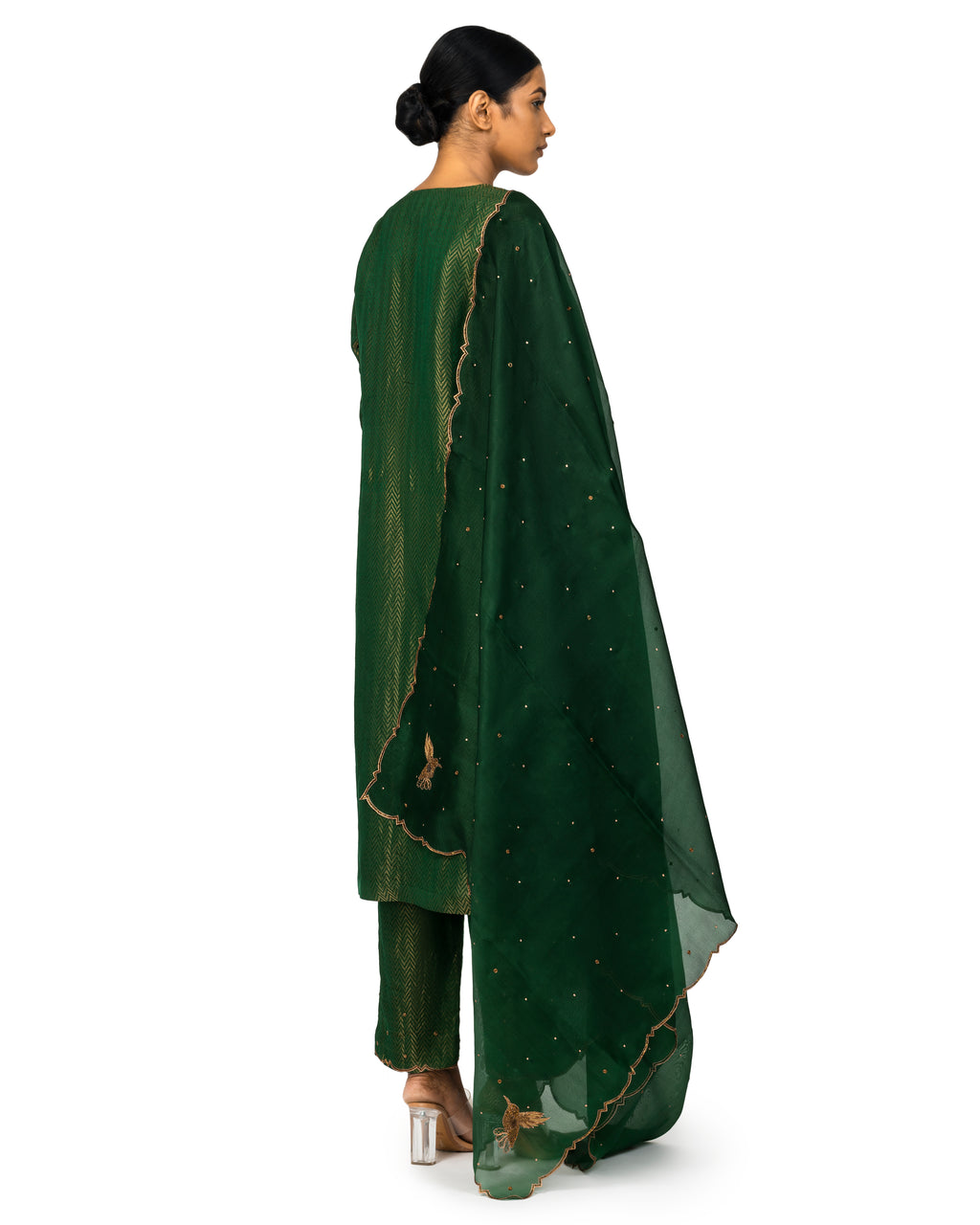 Banarasi Katan Silk Suit Set With Organza Dupatta In Bottle Green