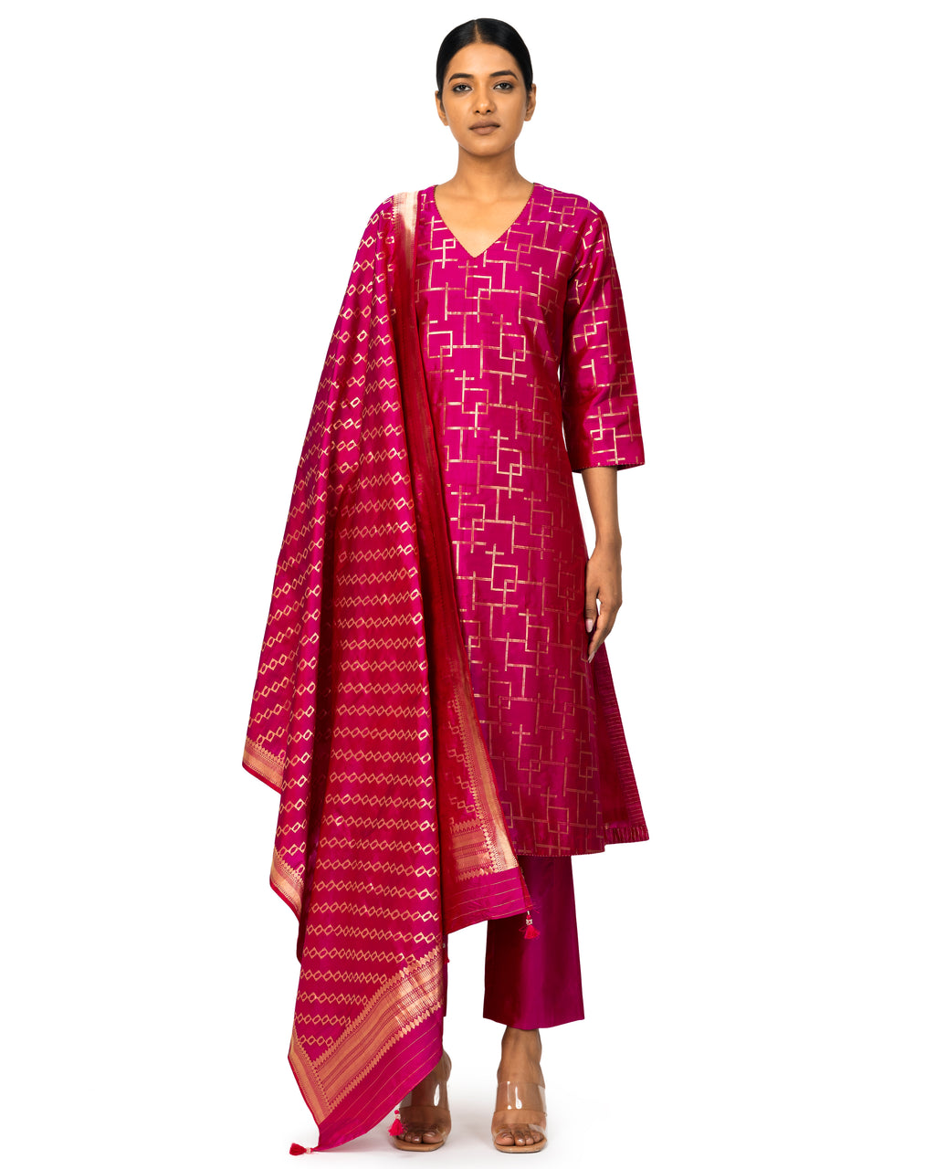 Banarasi Katan Silk Suit Set With Dupatta In Fuchsia Pink