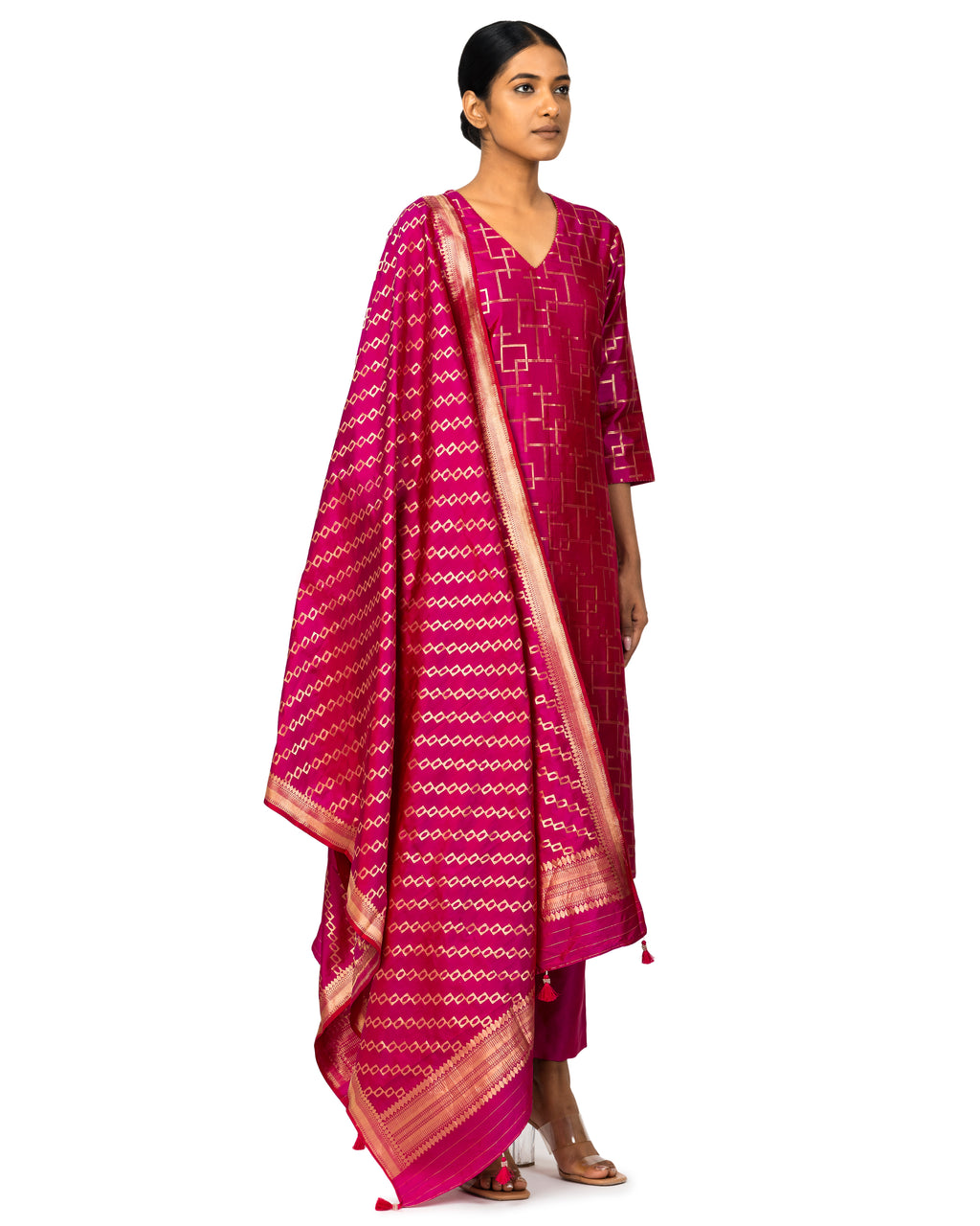 Banarasi Katan Silk Suit Set With Dupatta In Fuchsia Pink