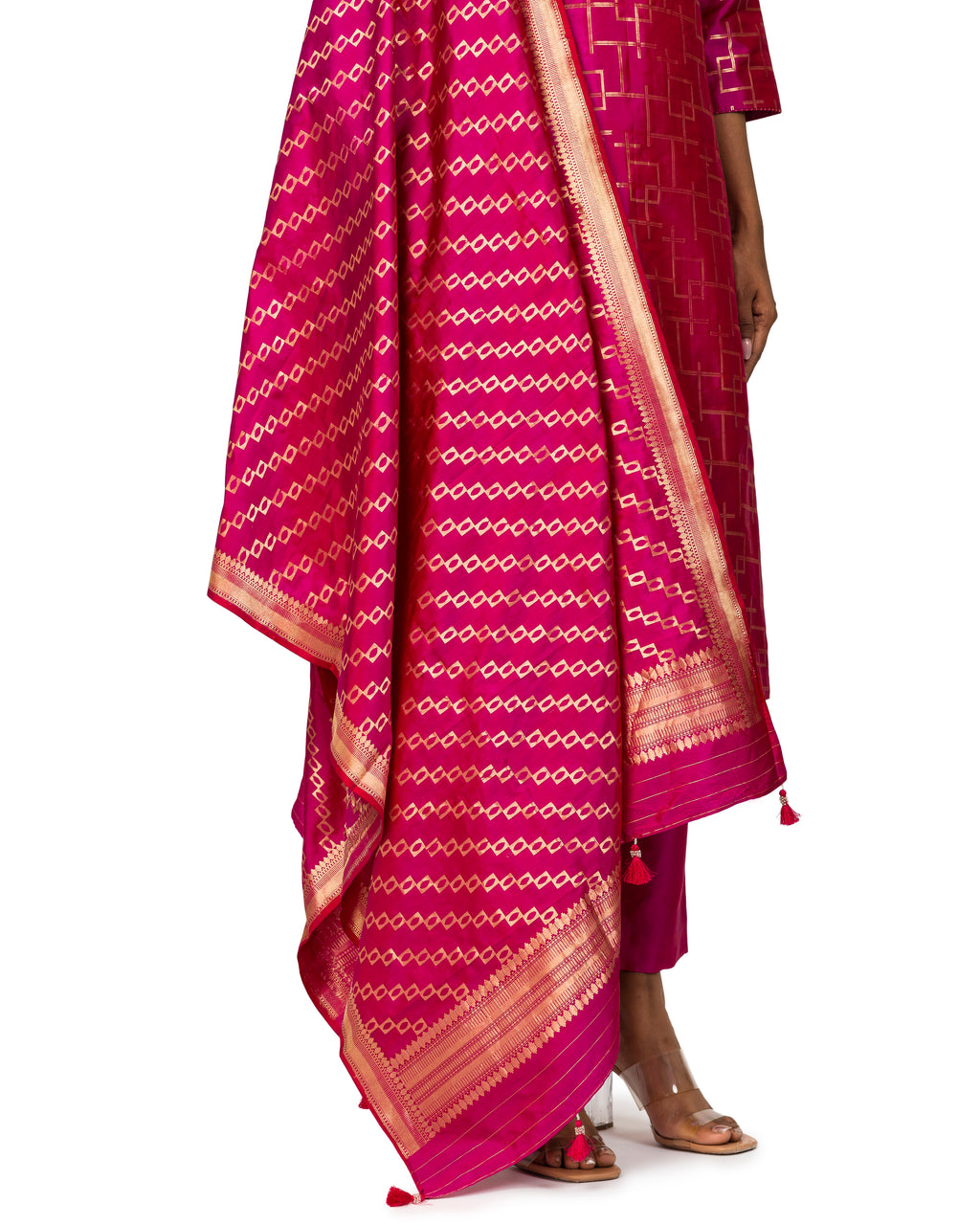 Banarasi Katan Silk Suit Set With Dupatta In Fuchsia Pink