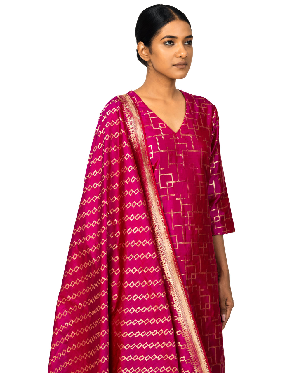 Banarasi Katan Silk Suit Set With Dupatta In Fuchsia Pink