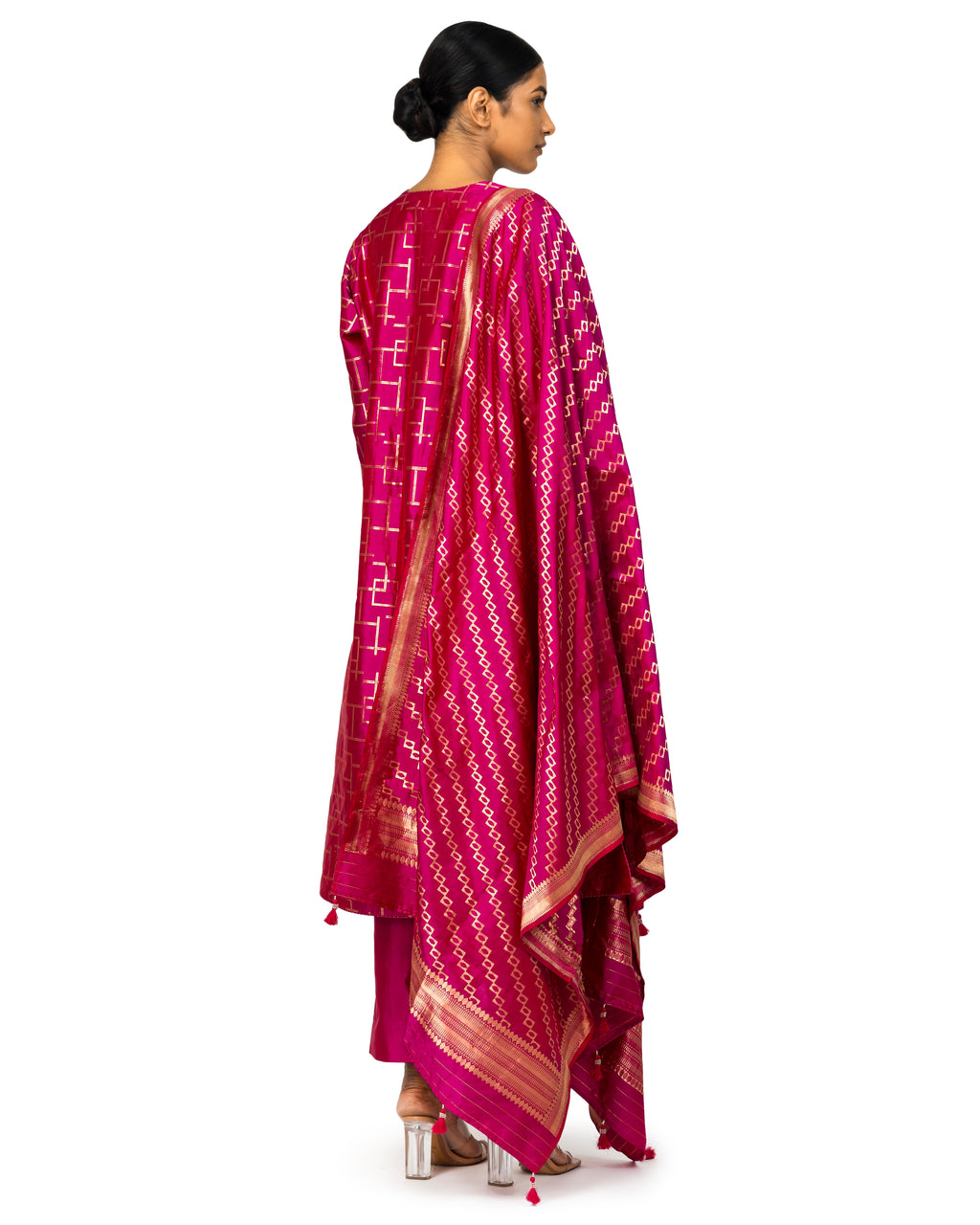 Banarasi Katan Silk Suit Set With Dupatta In Fuchsia Pink