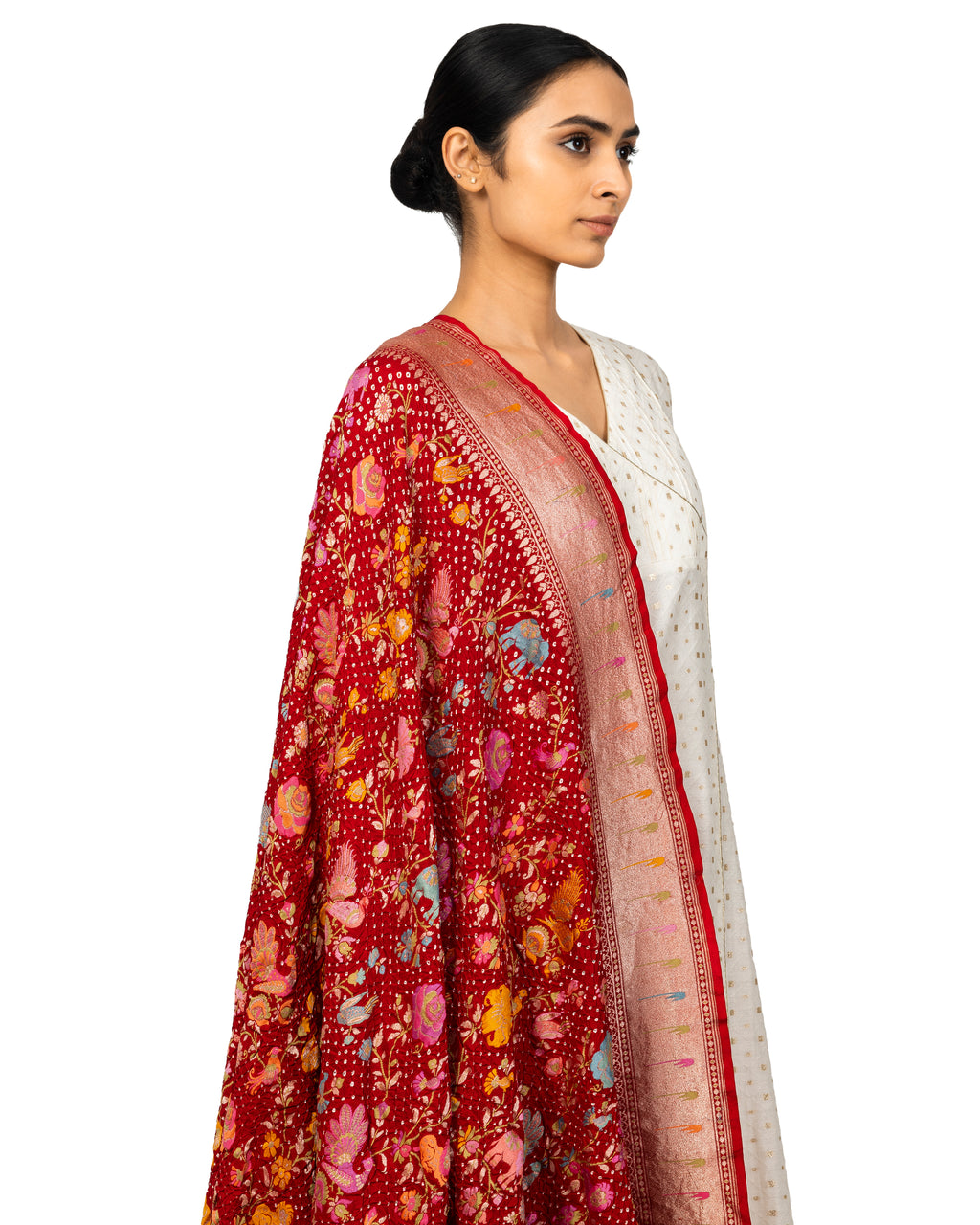 Cherry Bandhani Dupatta With Shikargha Zaal