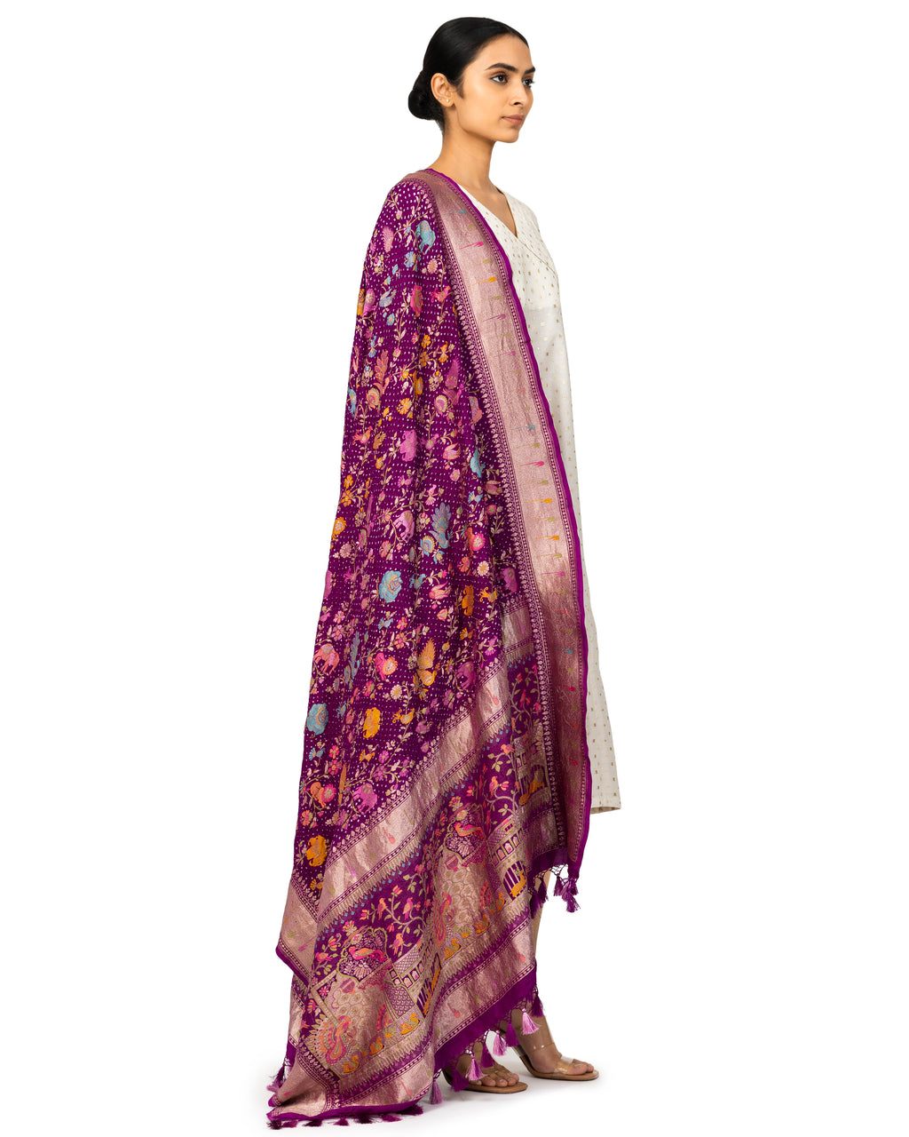 Plum Bandhani Dupatta With Shikargha Zaal