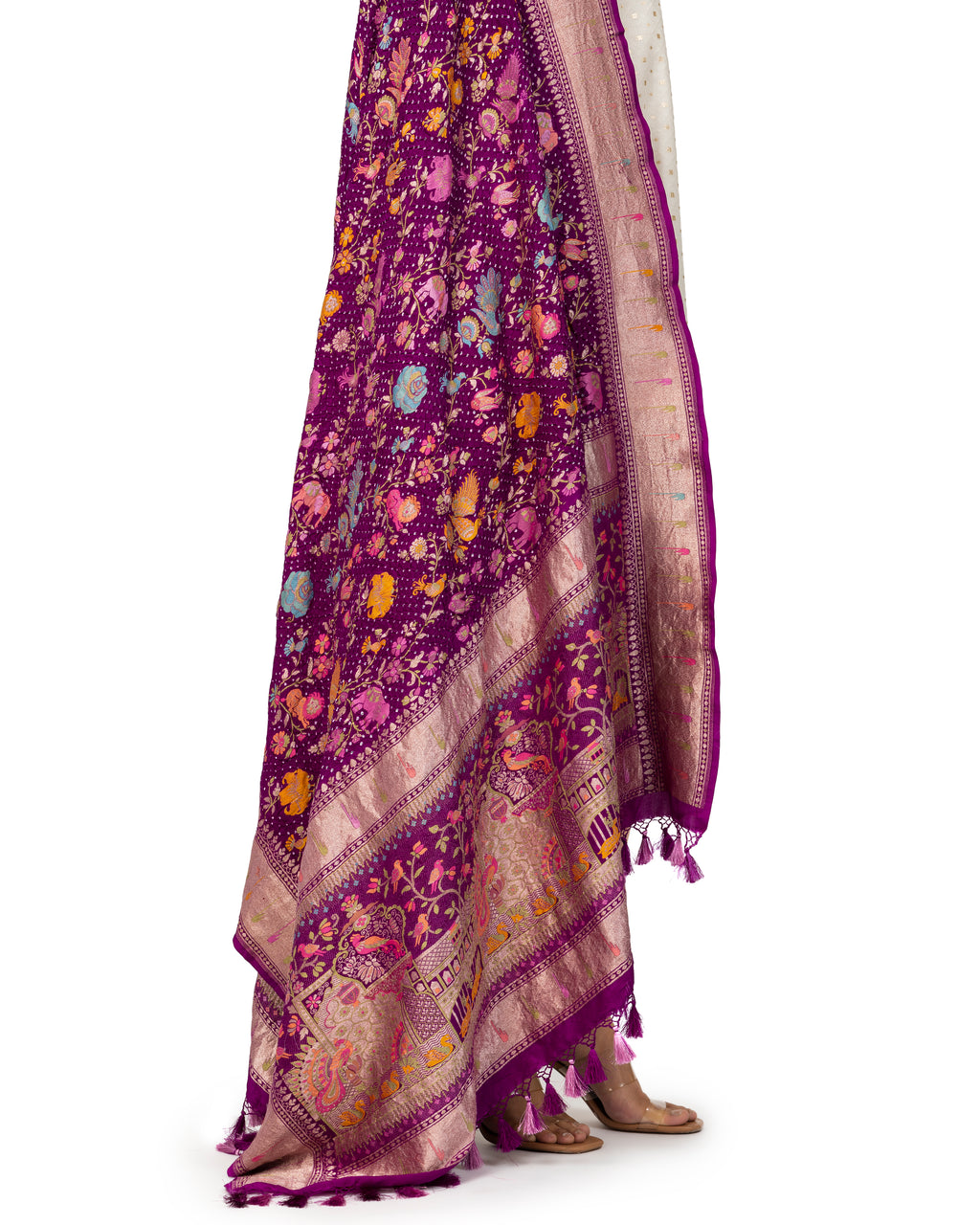 Plum Bandhani Dupatta With Shikargha Zaal