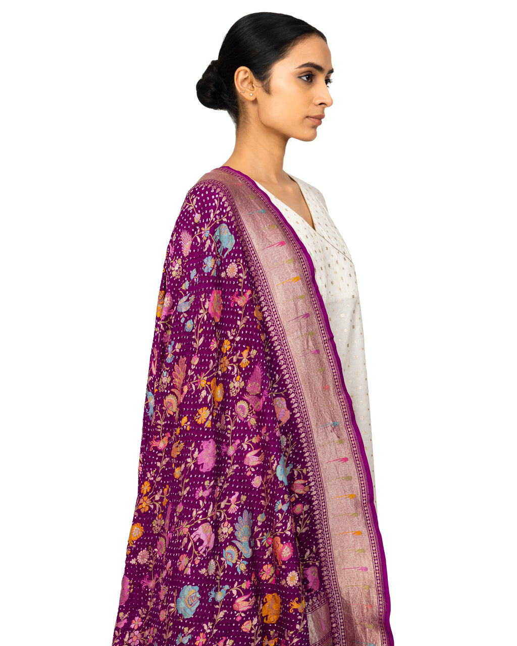 Plum Bandhani Dupatta With Shikargha Zaal