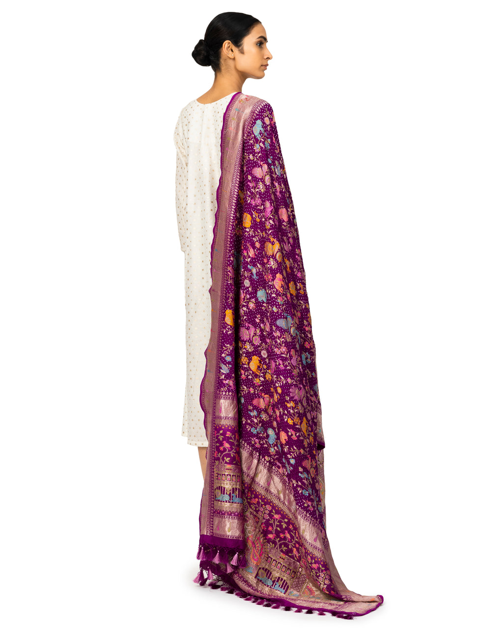 Plum Bandhani Dupatta With Shikargha Zaal