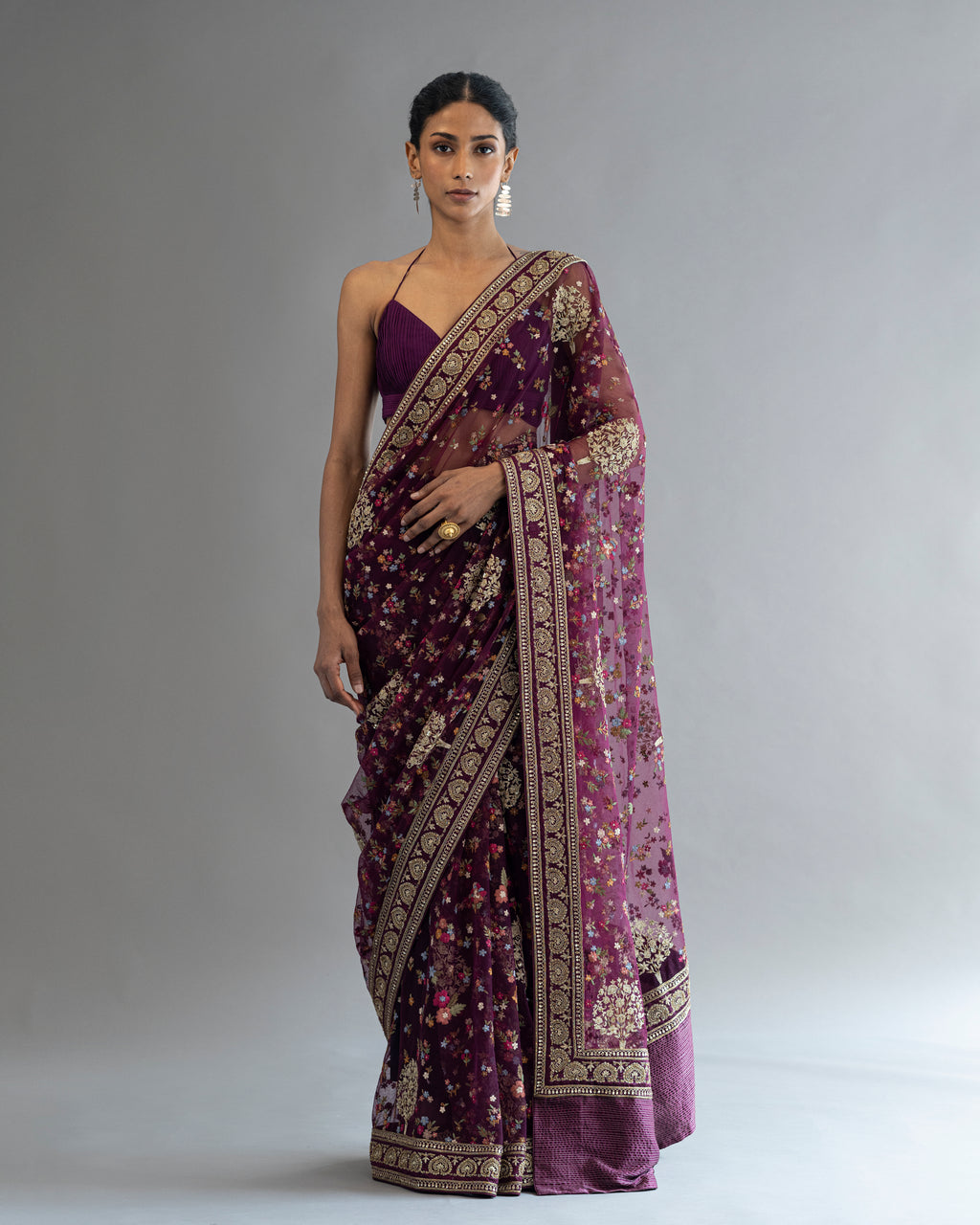 Sangria Hand Embroidered Pure Net Saree