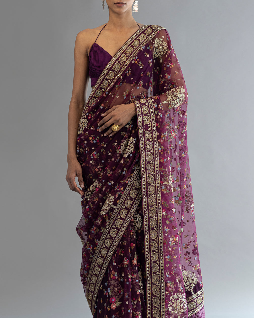 Sangria Hand Embroidered Pure Net Saree