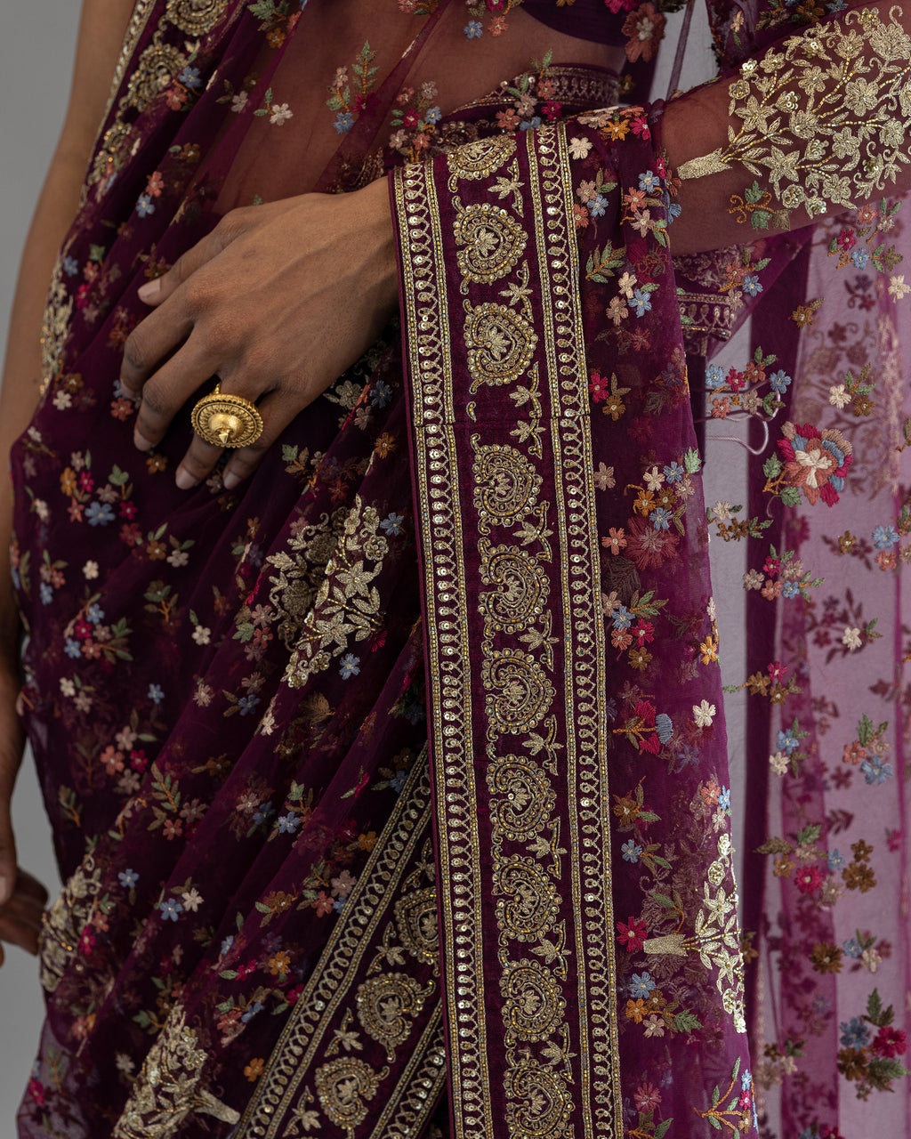 Sangria Hand Embroidered Pure Net Saree