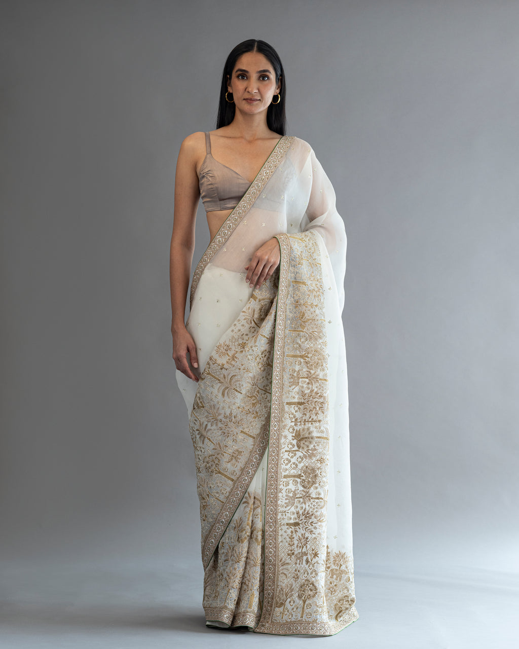Creamy Fiesta Hand Embroidered Kora Saree