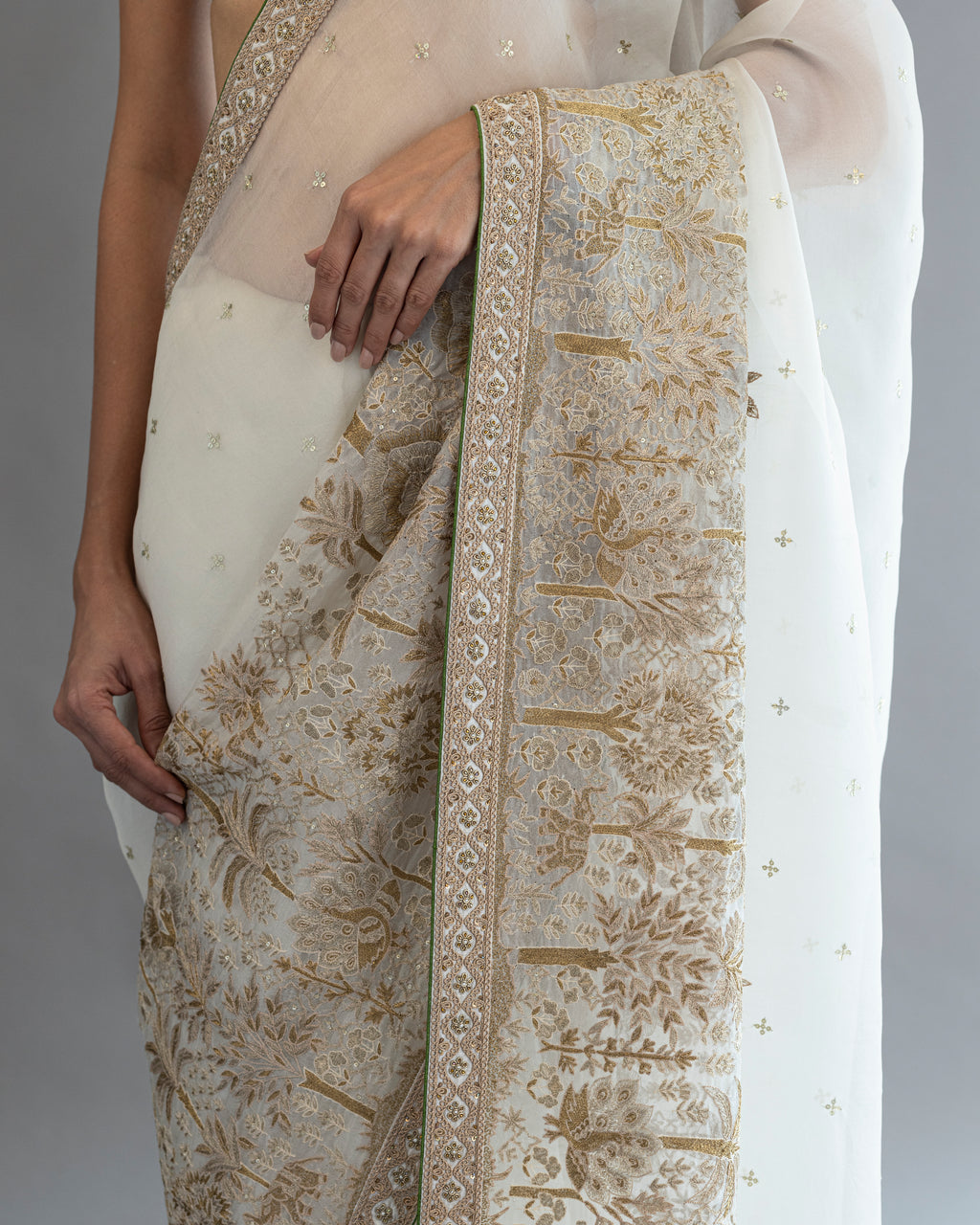 Creamy Fiesta Hand Embroidered Kora Saree